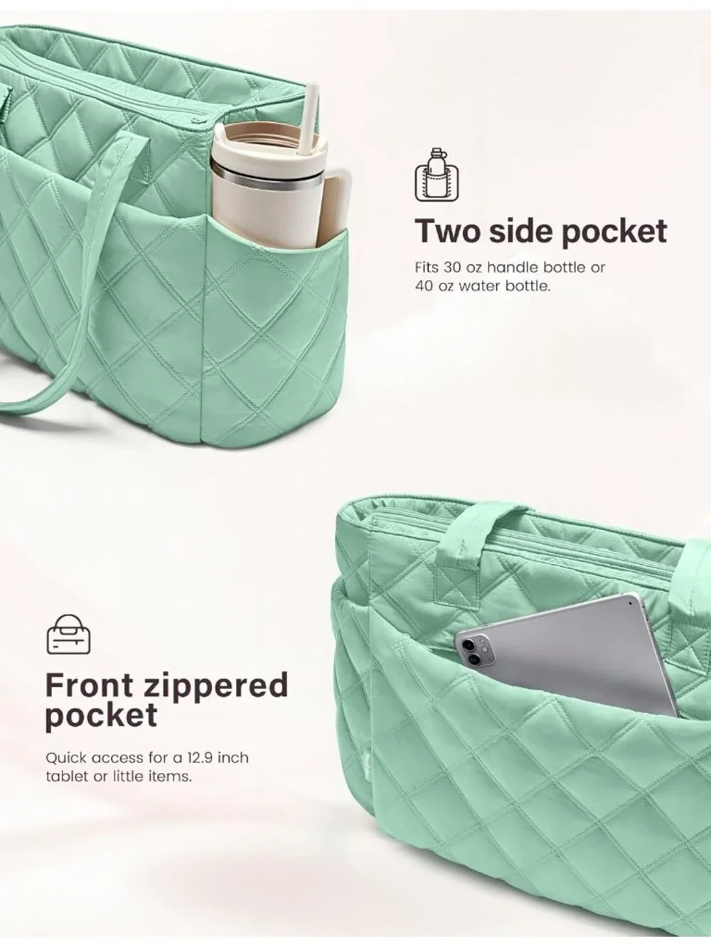 👜Women's Brook Green Puffer Tote Bags Lightweight Quilted Work For Travel